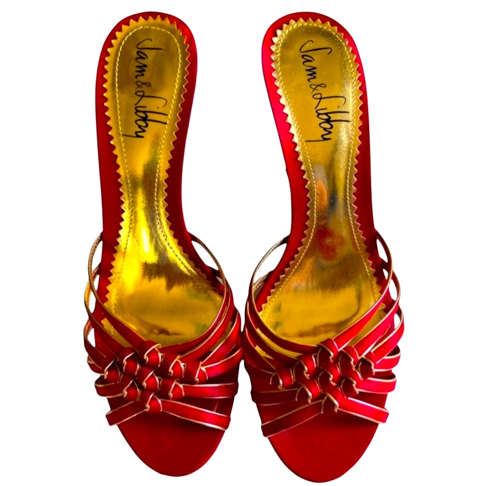 Sam & Libby Red/Gold Crisscross Christmas Holiday Strapless Heels Size 6.5 - Picture 1 of 8